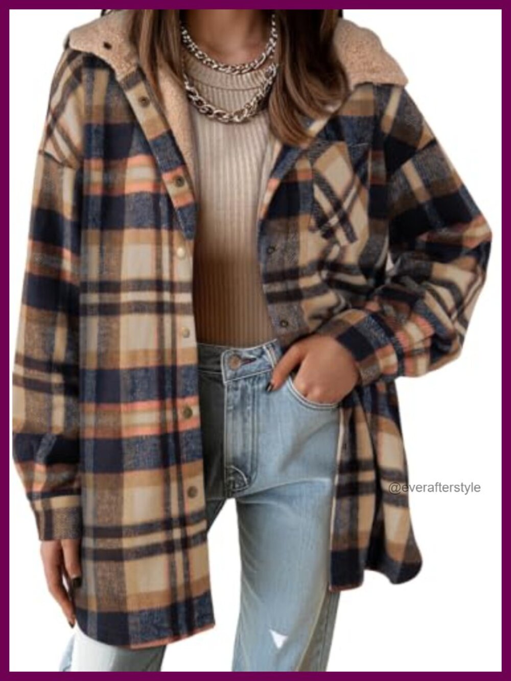 Flannel Hooded Plaid Shacket Thick Fleece Jacket Oversized Button Down